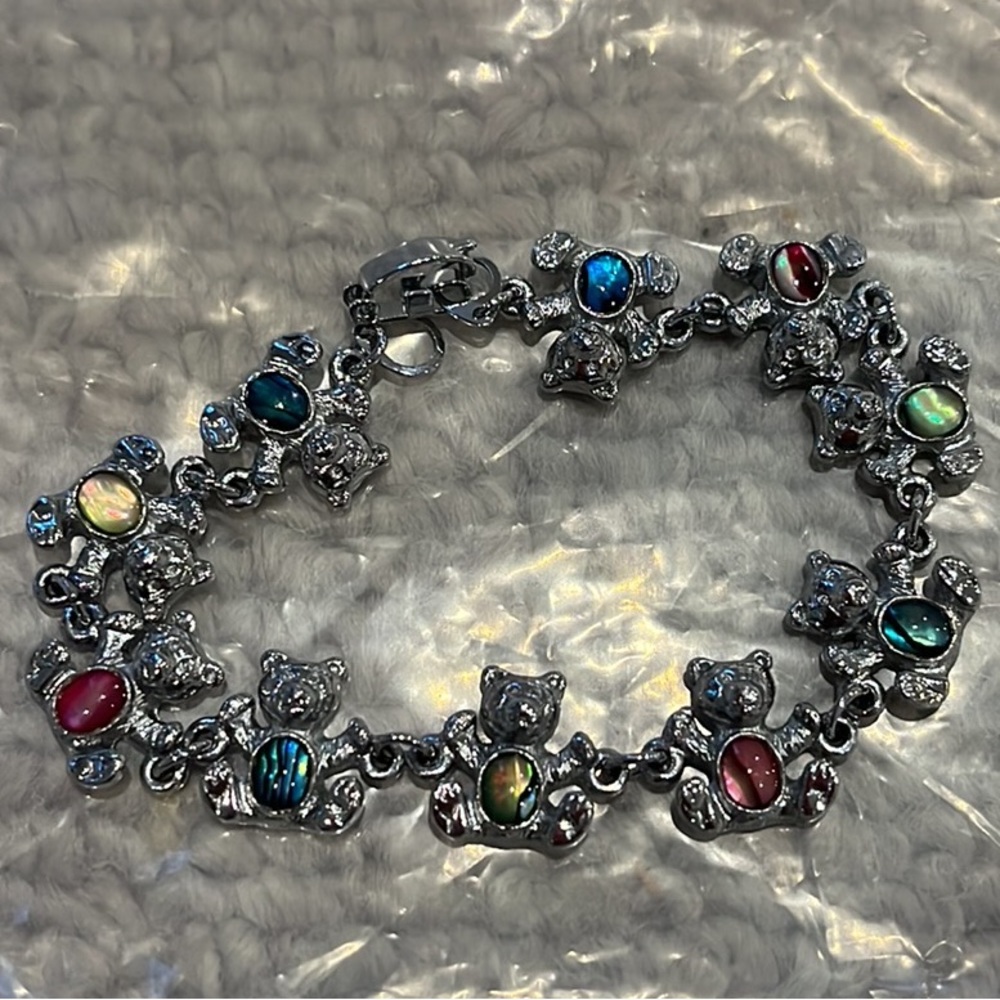 Teddy Bear 3D Jewel Link Bracelet Silver Charm Vintage Doll Stuffed Toy Abalone
